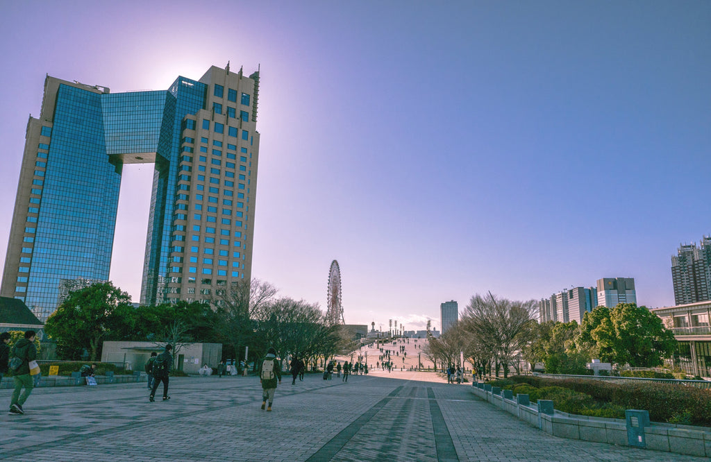 An open air cityscape view, at the open park space of Odaiba area in Tokyo, Japan.