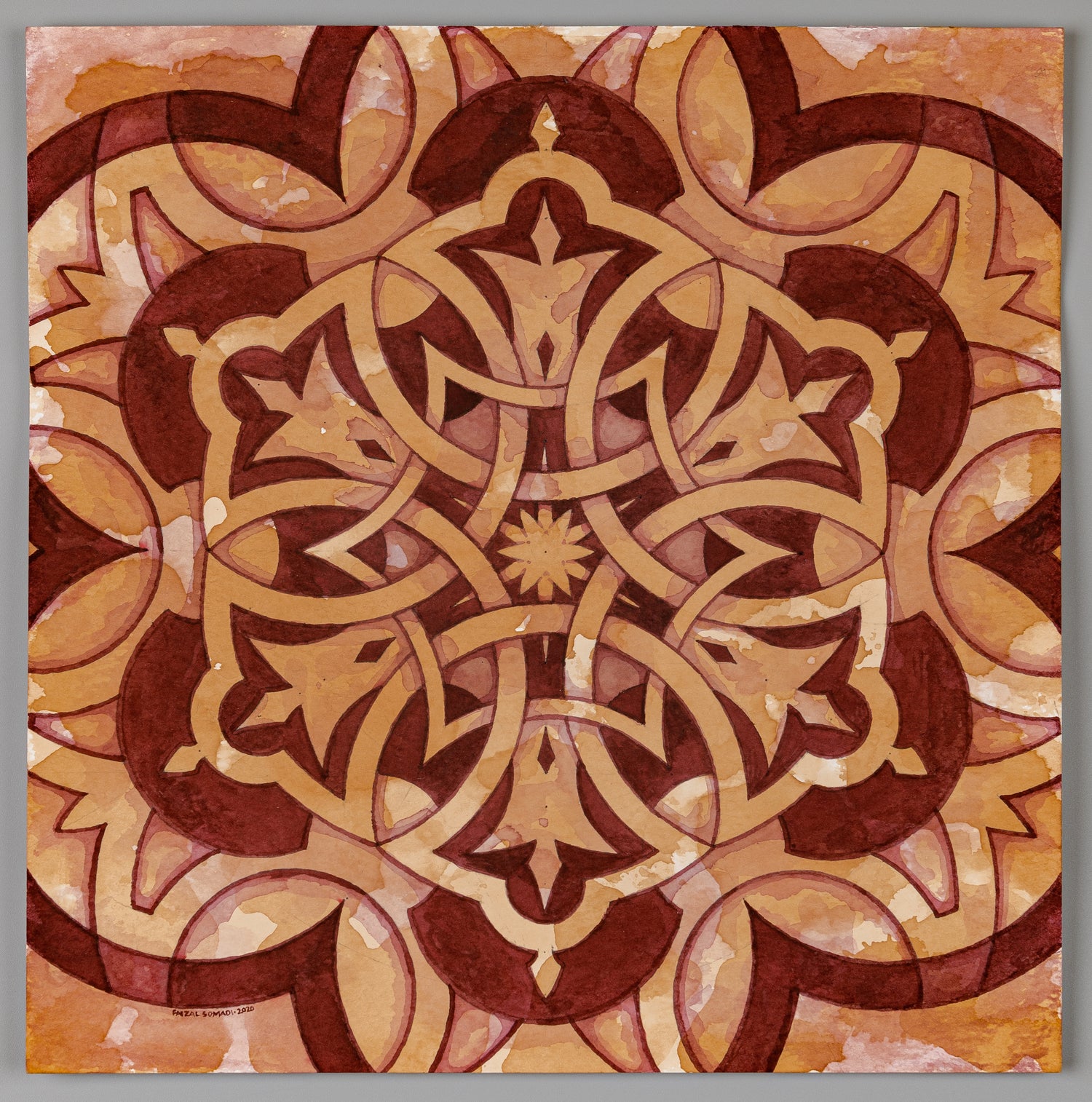 Sacred Geometry Art pattern in watercolour, Medallion of Glory, Rosette 6-Point, Maroon Tea.