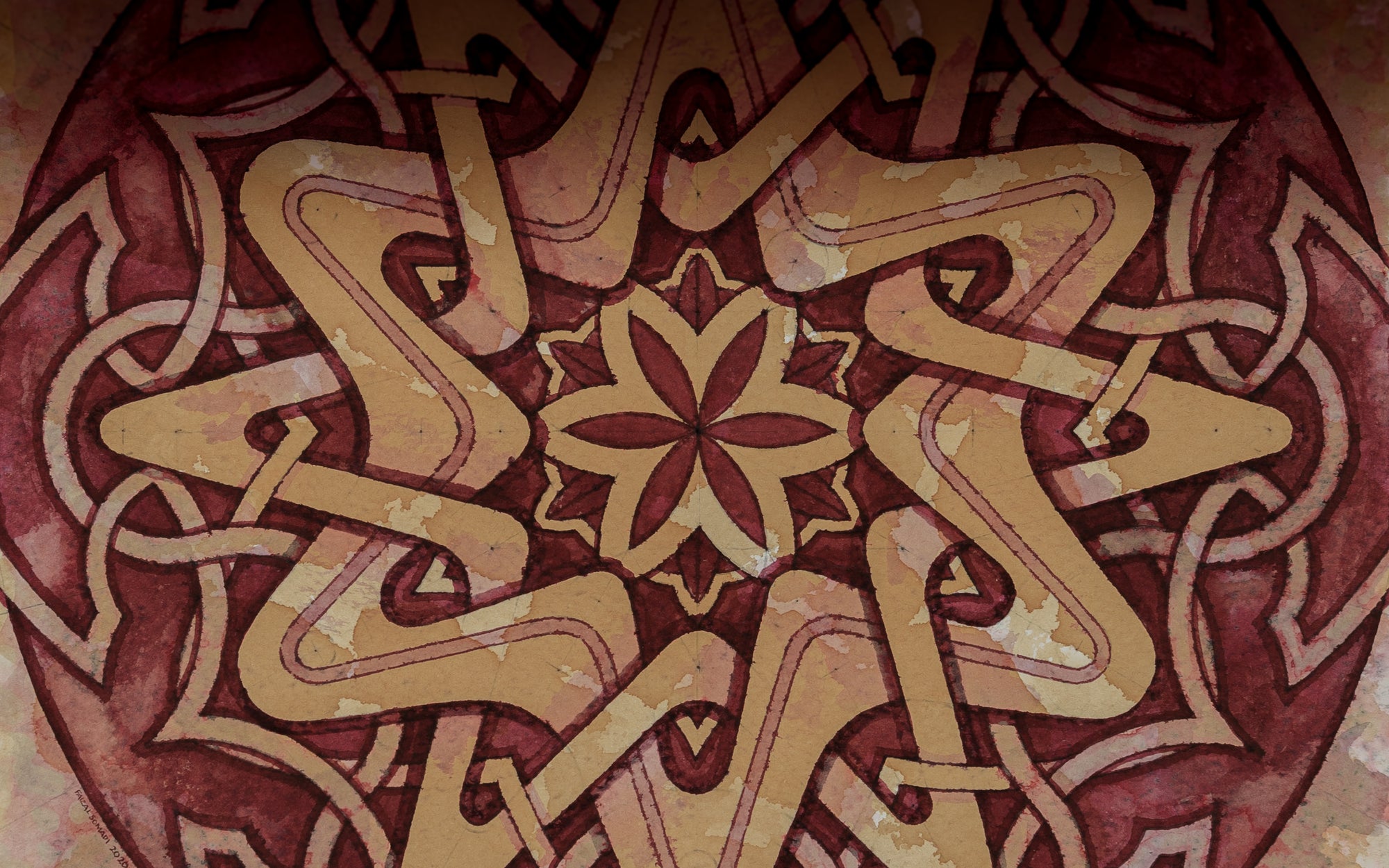 Sacred Geometry Art pattern, in watercolour, Mystical Medallion, Rosette 6-Point Interlace, in Maroon Tea.