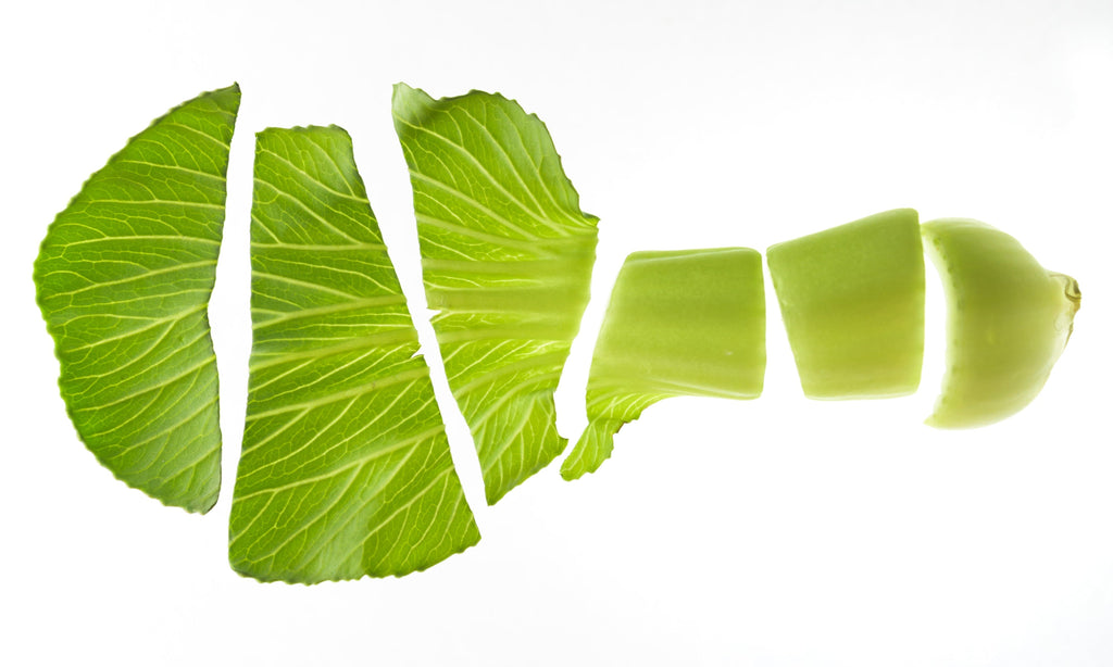 Green leaf vegetable cut and divided in a graphic arrangement.