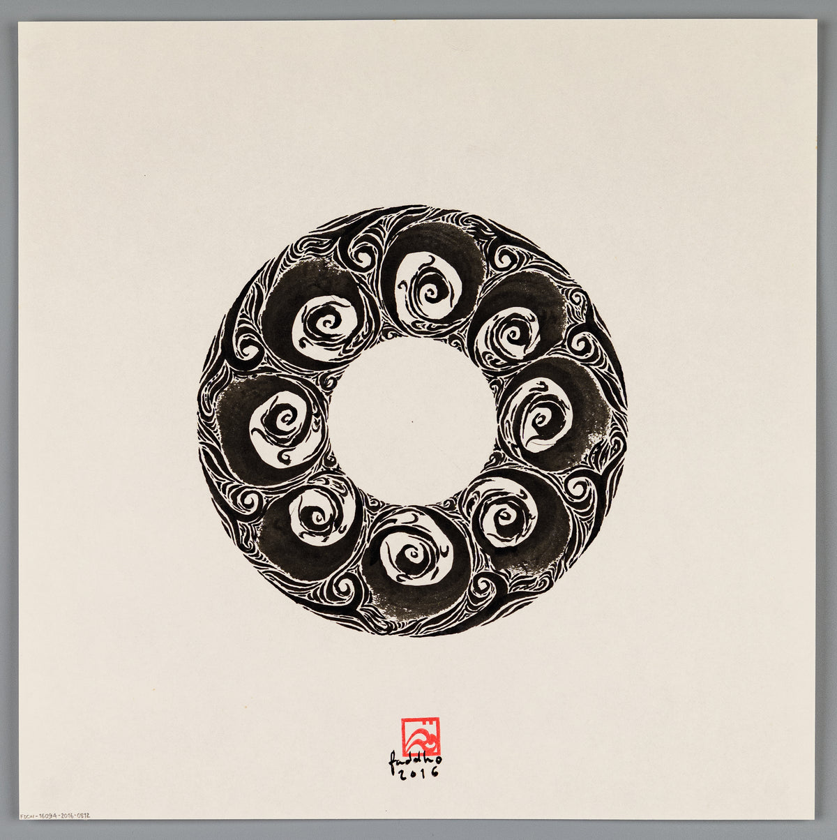 Symbolic abstract illustration painting, Coin of Fortune, with 8 spiral fiddlehead ferns.