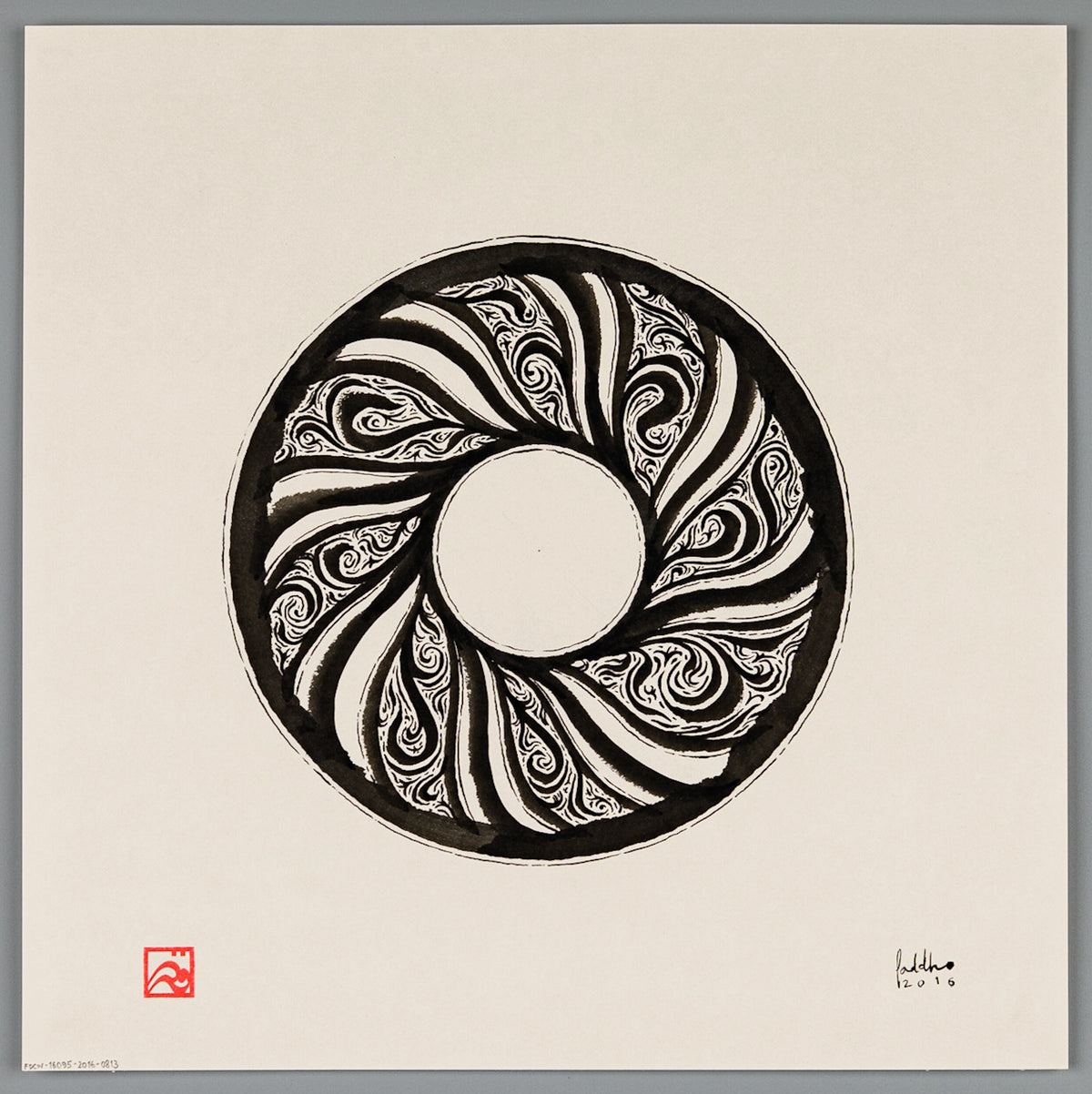 Symbolic abstract illustration painting, Coin of Fortune, 8 spokes flowing in cyclonic motion.