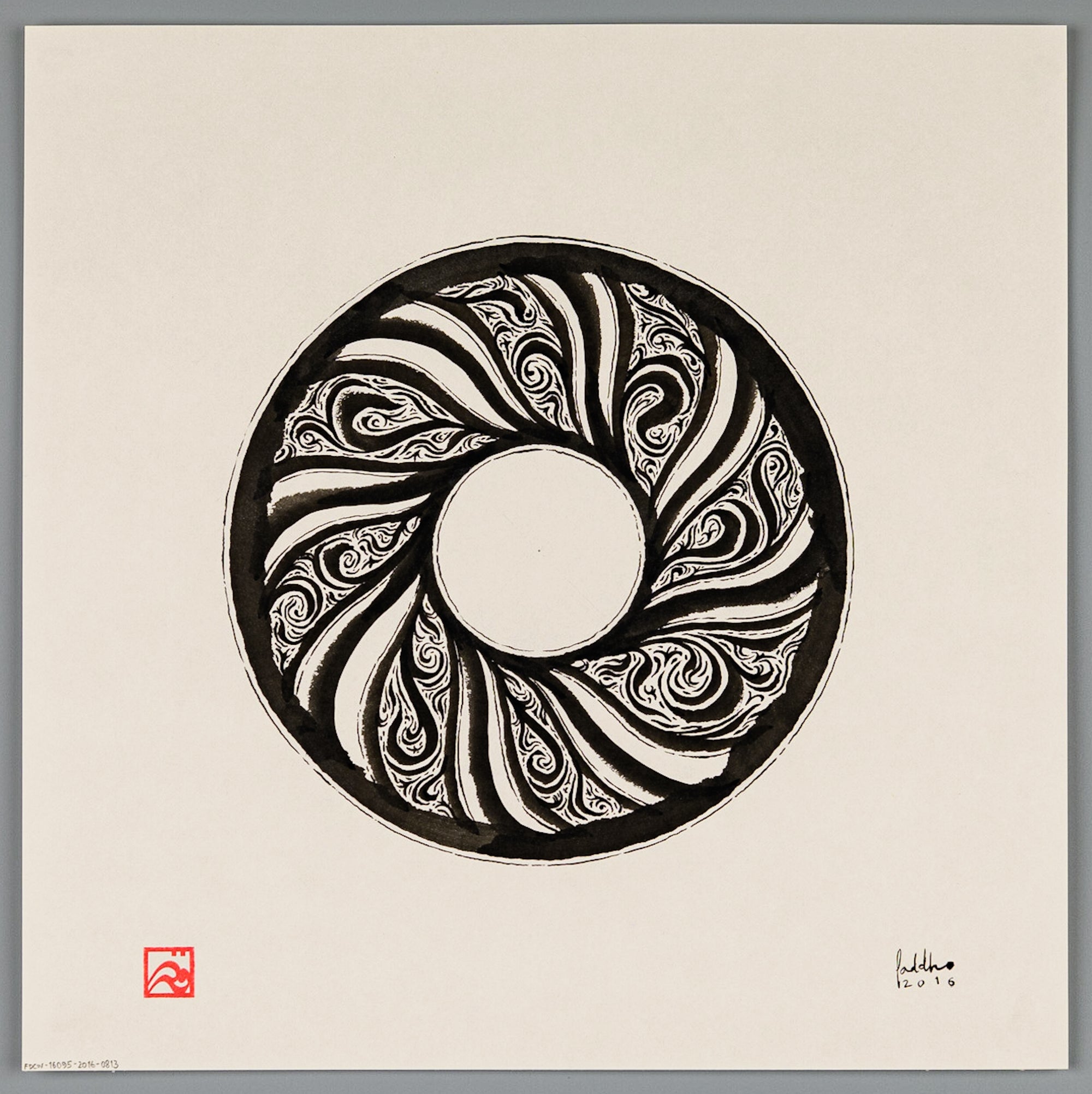 Symbolic abstract illustration painting, Coin of Fortune, 8 spokes flowing in cyclonic motion.