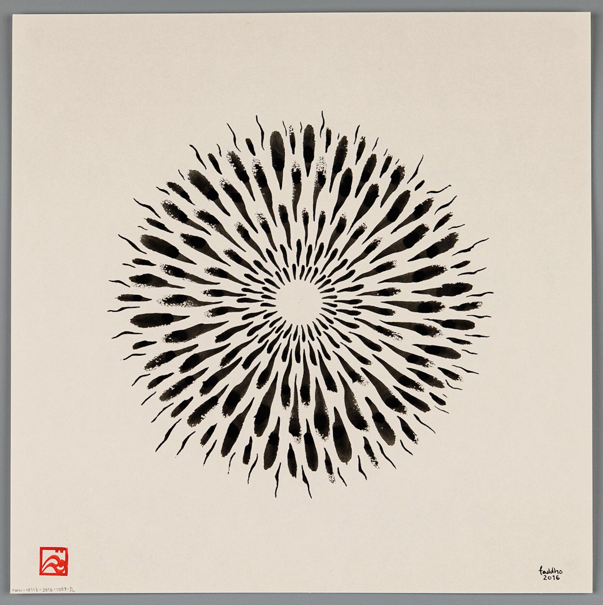 Botanical abstract illustration painting in ink, The Chrysanthemum, a floral medallion.