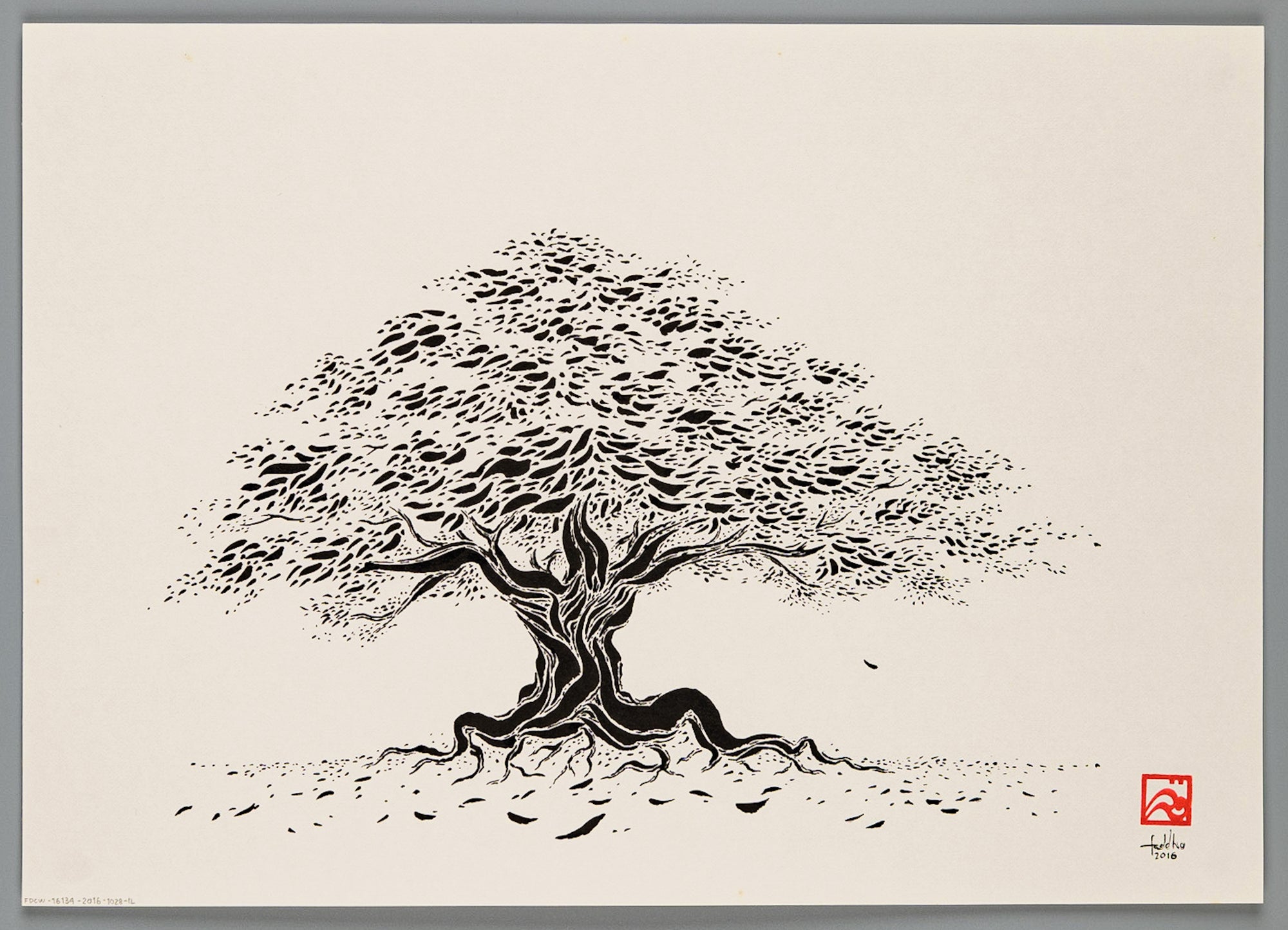 Botanical abstract illustration painting in ink, Tree of Solace, a touch of kindness in the air.