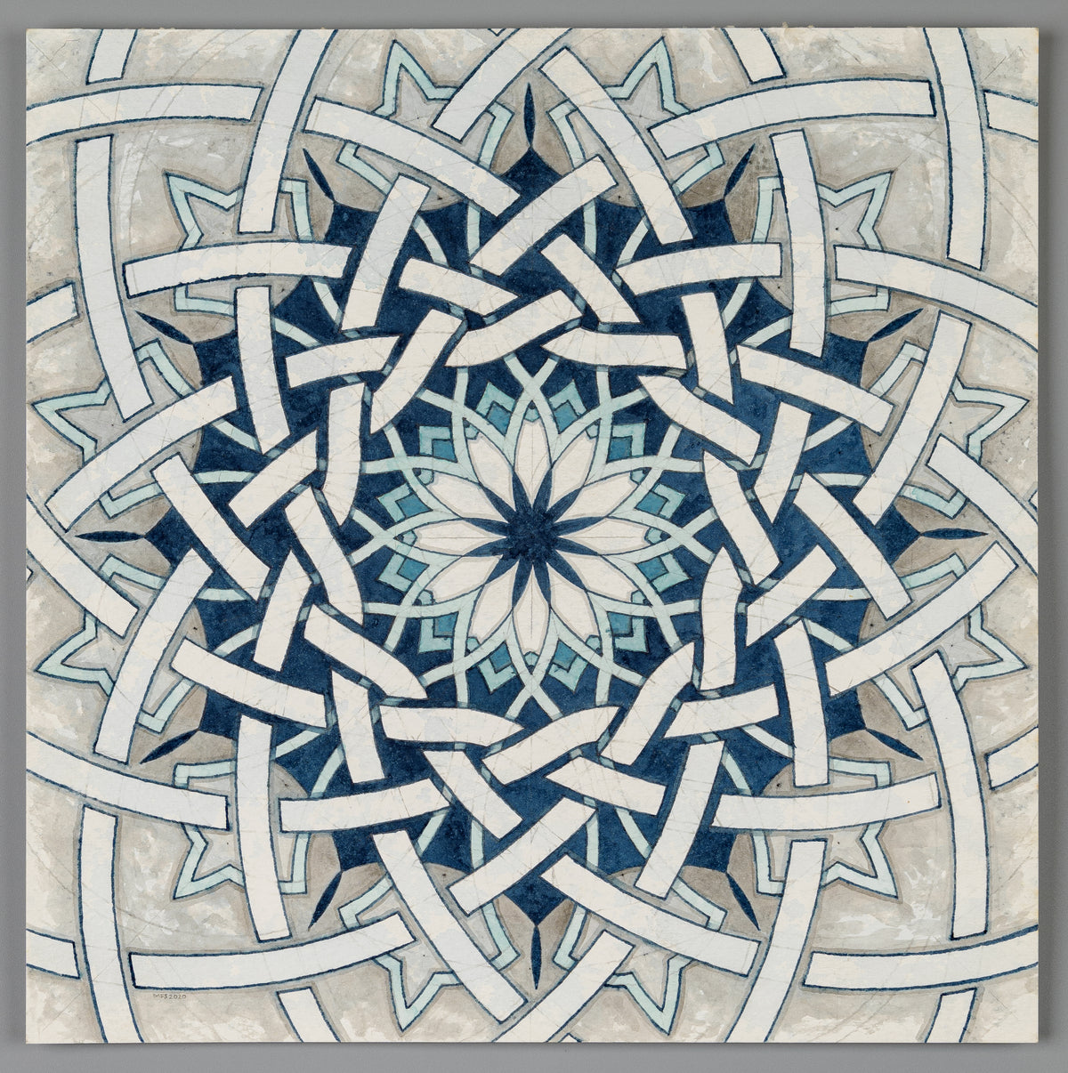 Sacred Geometry Art pattern in watercolour, Frosted Iris, Rosette 12-Point Interlace, in Deep Teal.