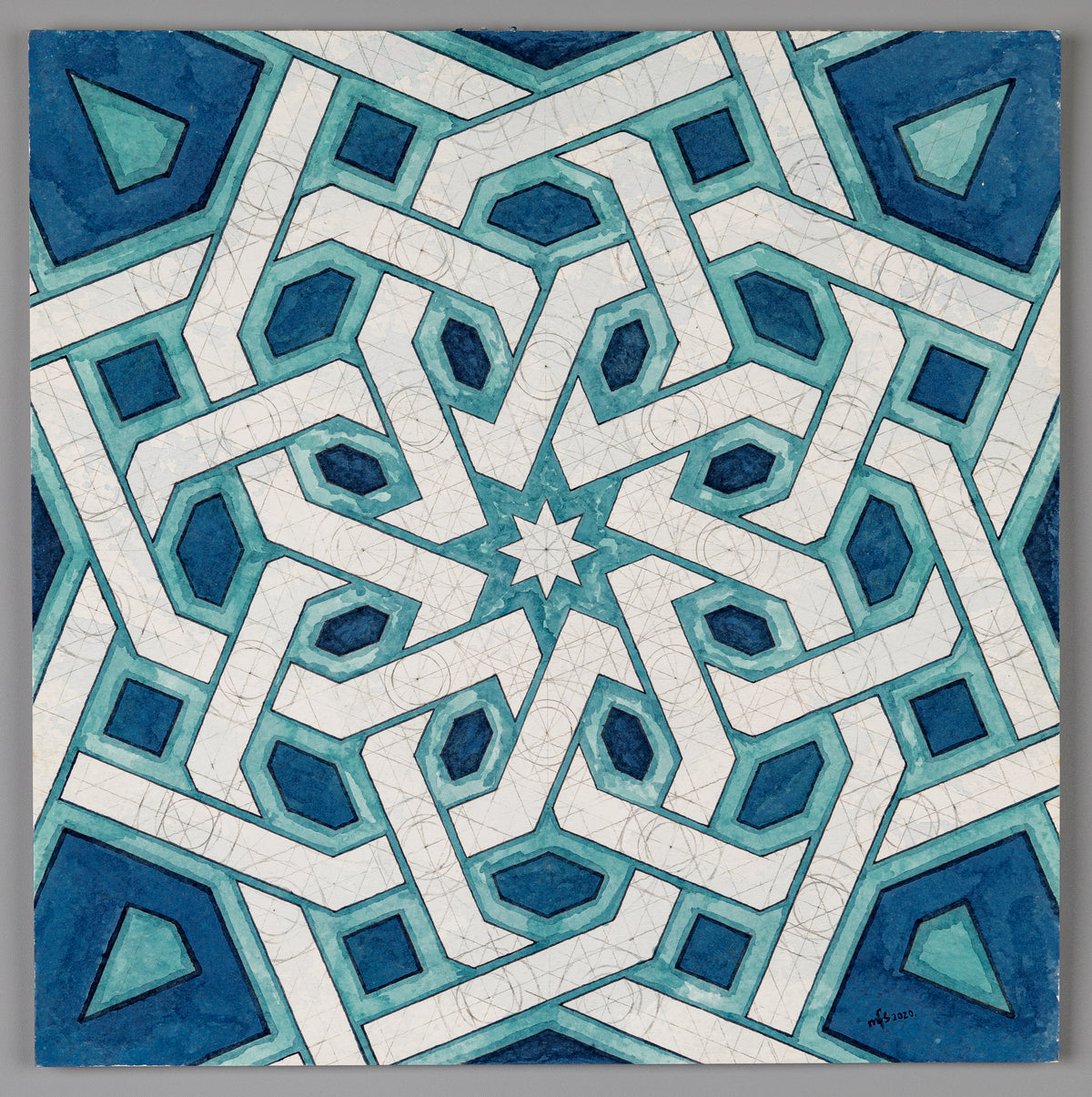 Sacred Geometry Art pattern in watercolour, Blue Star, Rosette Lattice 8-Point Interlace, Aqua Blue.