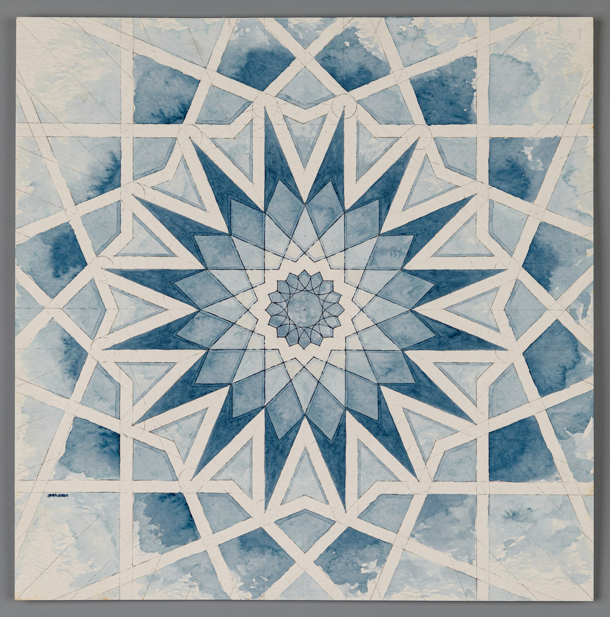 Sacred Geometry Art pattern in watercolour, Frosted Star, Rosette Lattice 16-Point Frame, Blue.