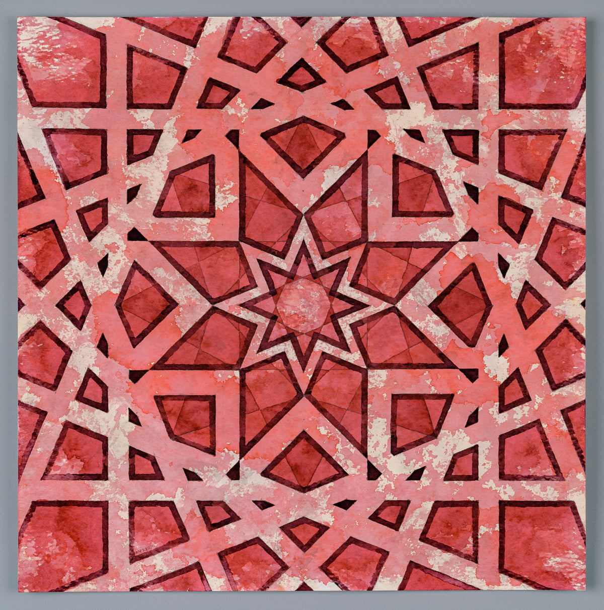 Sacred geometry art pattern in watercolour, Rhododendron Red, Rosette Lattice 8-Point Frame.