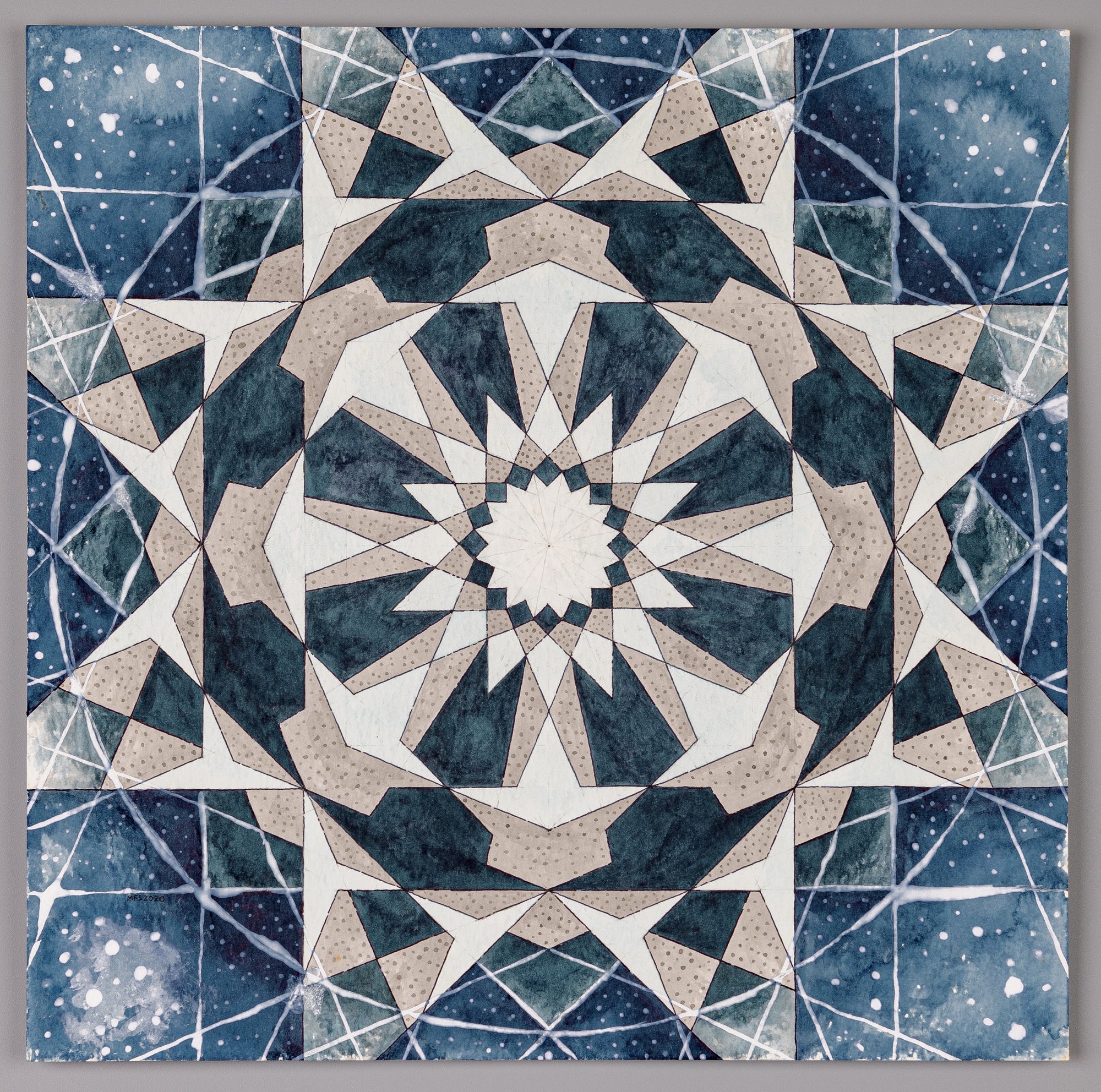 Sacred Geometry Art pattern, in watercolour, Frozen Meteor, Rosette 16-Point Fragment, in Blue Grey.