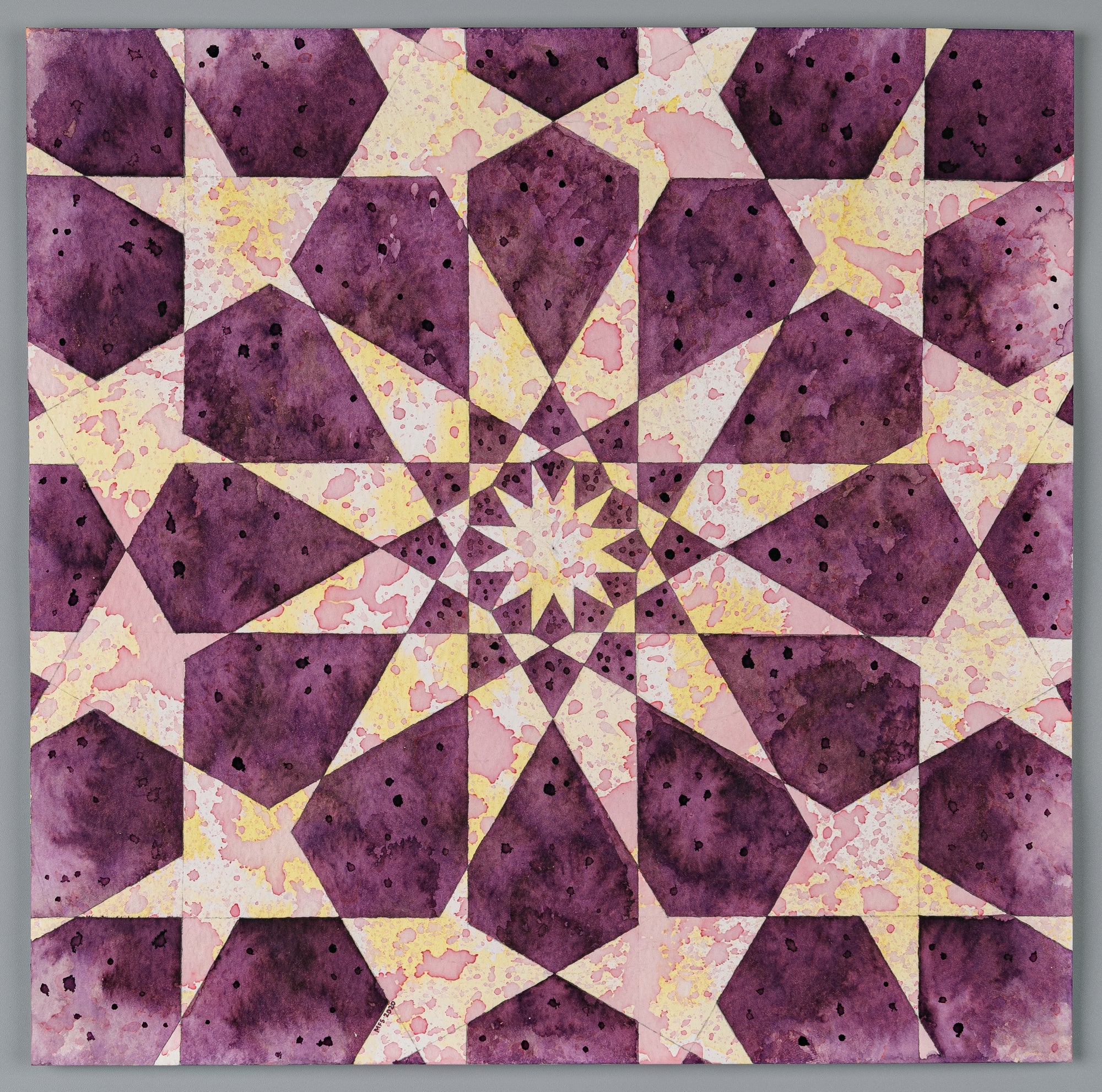 Sacred geometry art pattern in watercolour, Tyrian Purple Crown, Rosette 12-Point Intersperse.