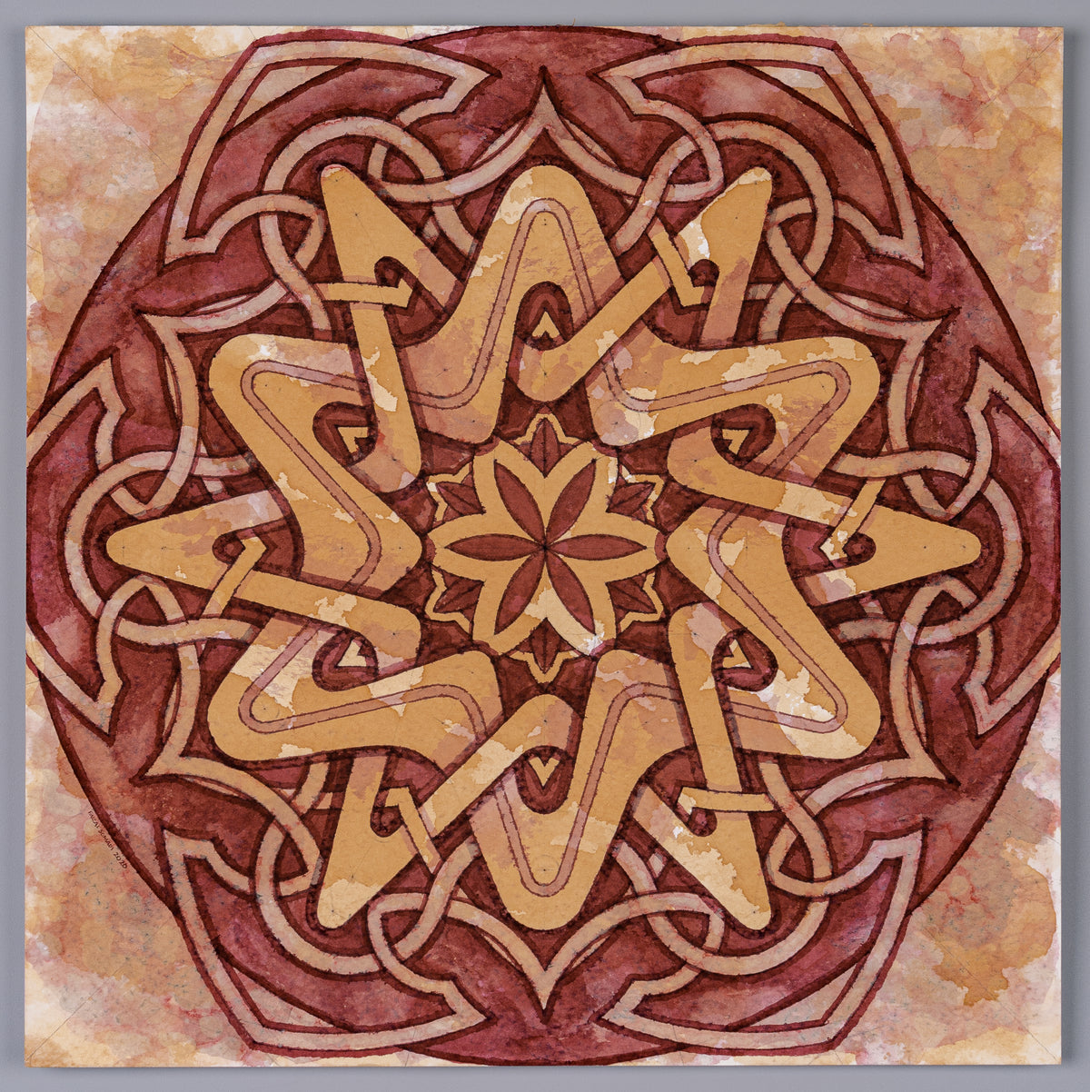 Sacred geometry art pattern in watercolour, Mystical Medallion, Rosette 6-Point Interlace.