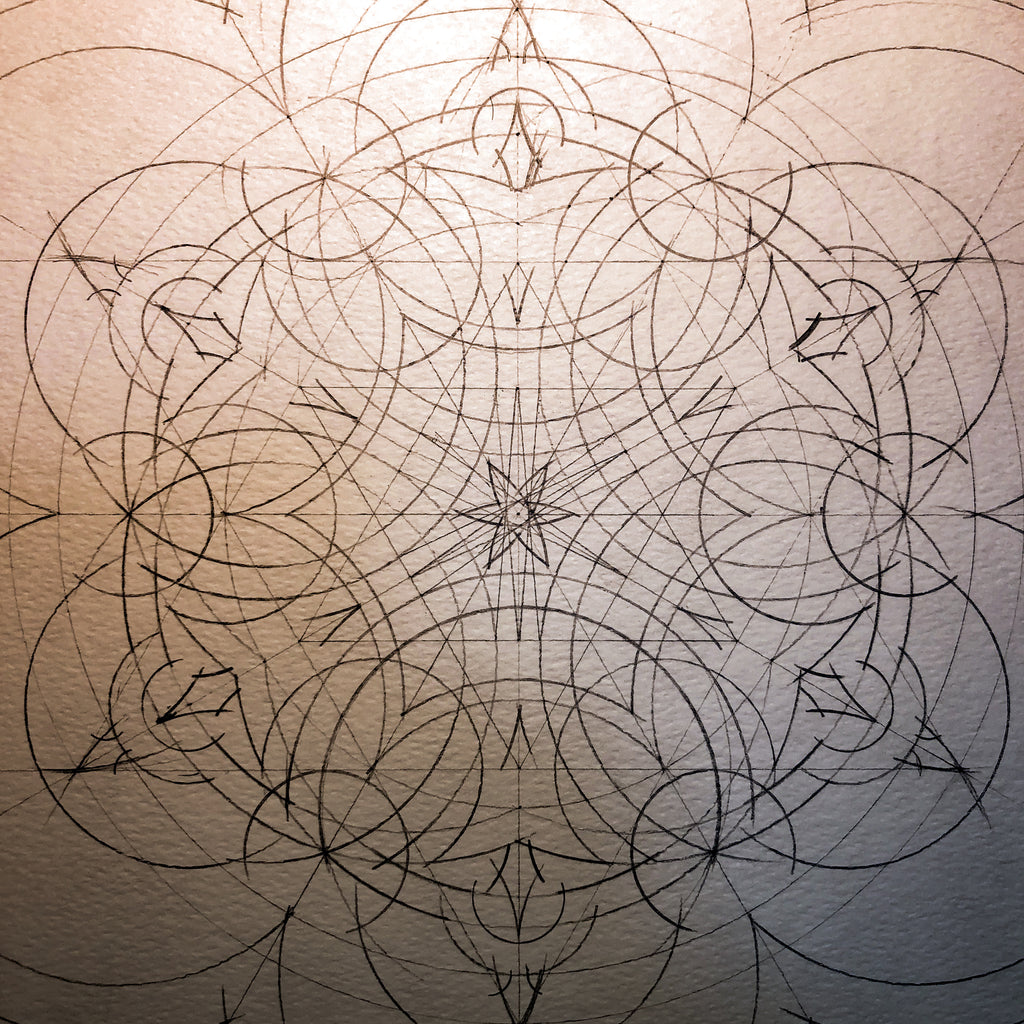 Drawing construction in pencil, sacred geometry art, 6-point rosette.